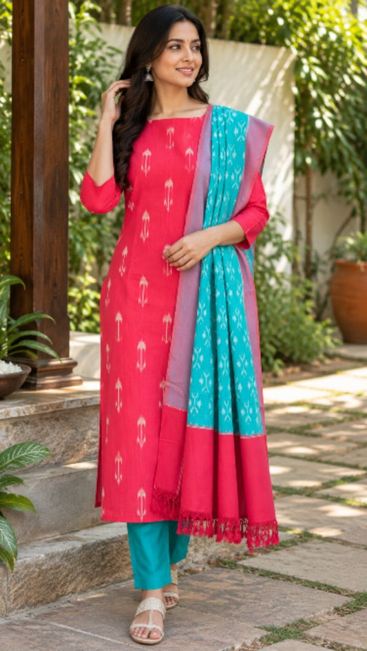 Red Butta & Teal Green Handloom Ikat Cotton Dress Material (2 Piece)
