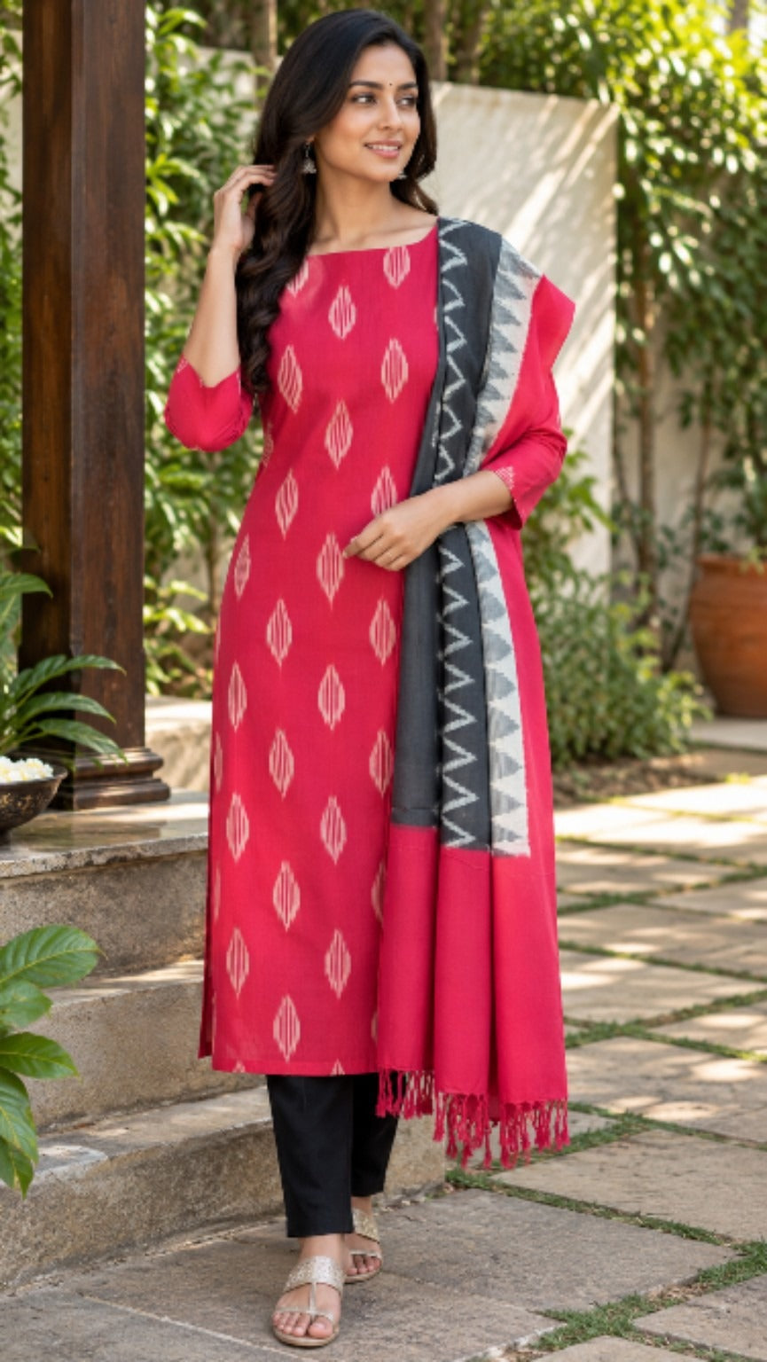Red & Black Zigzag Handloom Ikat Cotton Dress Material (2 Piece)
