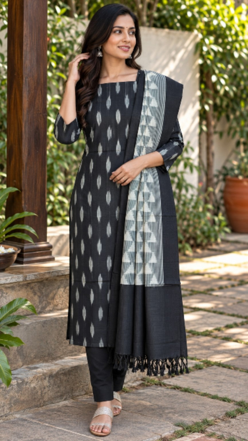 Black & White Handloom Ikat Cotton Dress Material (2 Piece)