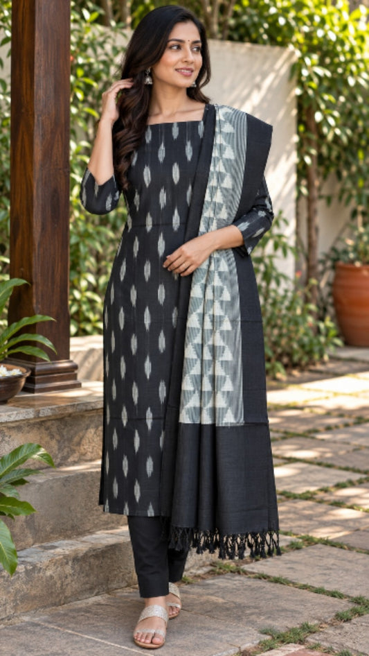 Black & White Handloom Ikat Cotton Dress Material (2 Piece)