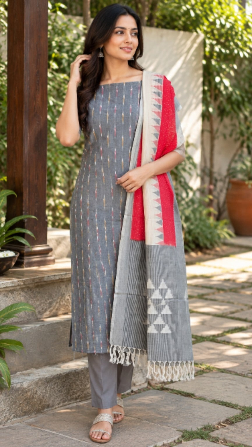 Grey & Red Temple Border Handloom Ikat Cotton Dress Material (2 Piece)