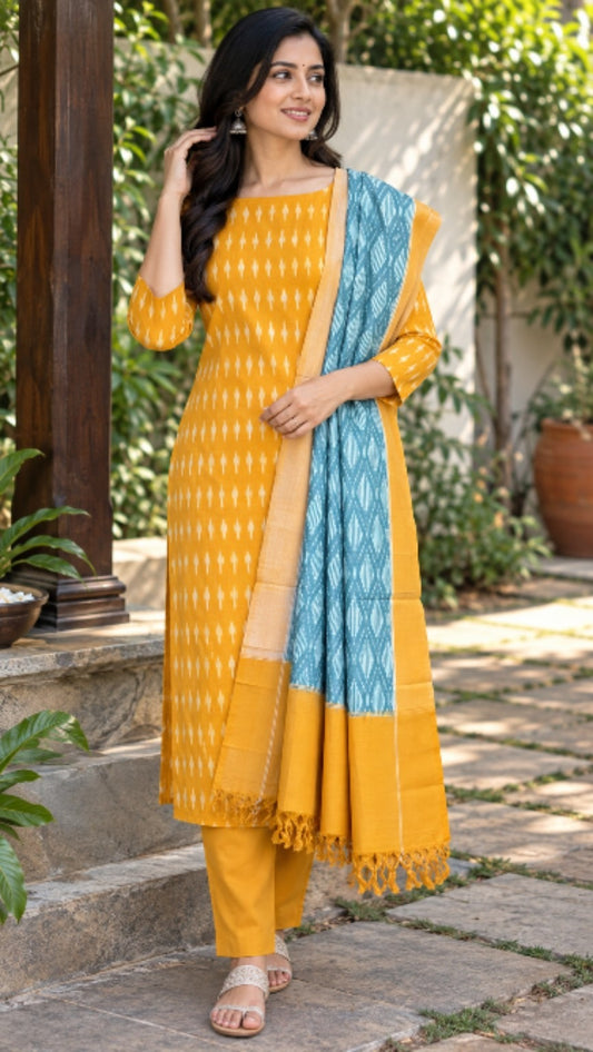 Yellow & Grey Handloom Ikat Cotton Dress Material (2 Piece)
