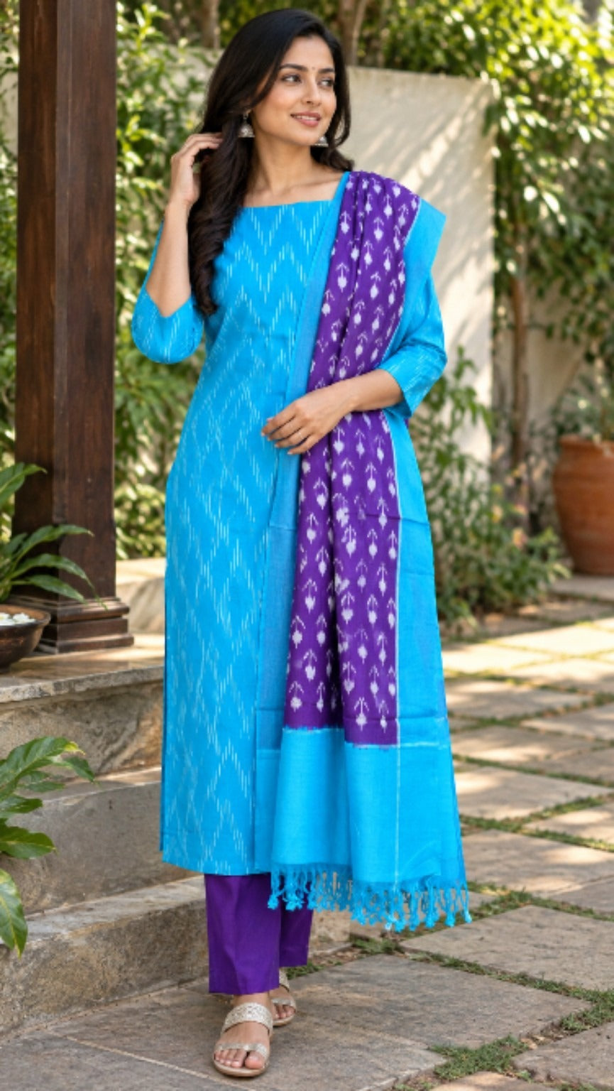 Turquoise Blue & Purple Handloom Ikat Cotton Dress Material (2 Piece)