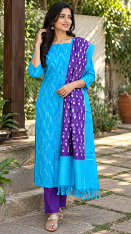Turquoise Blue & Purple Handloom Ikat Cotton Dress Material (2 Piece)