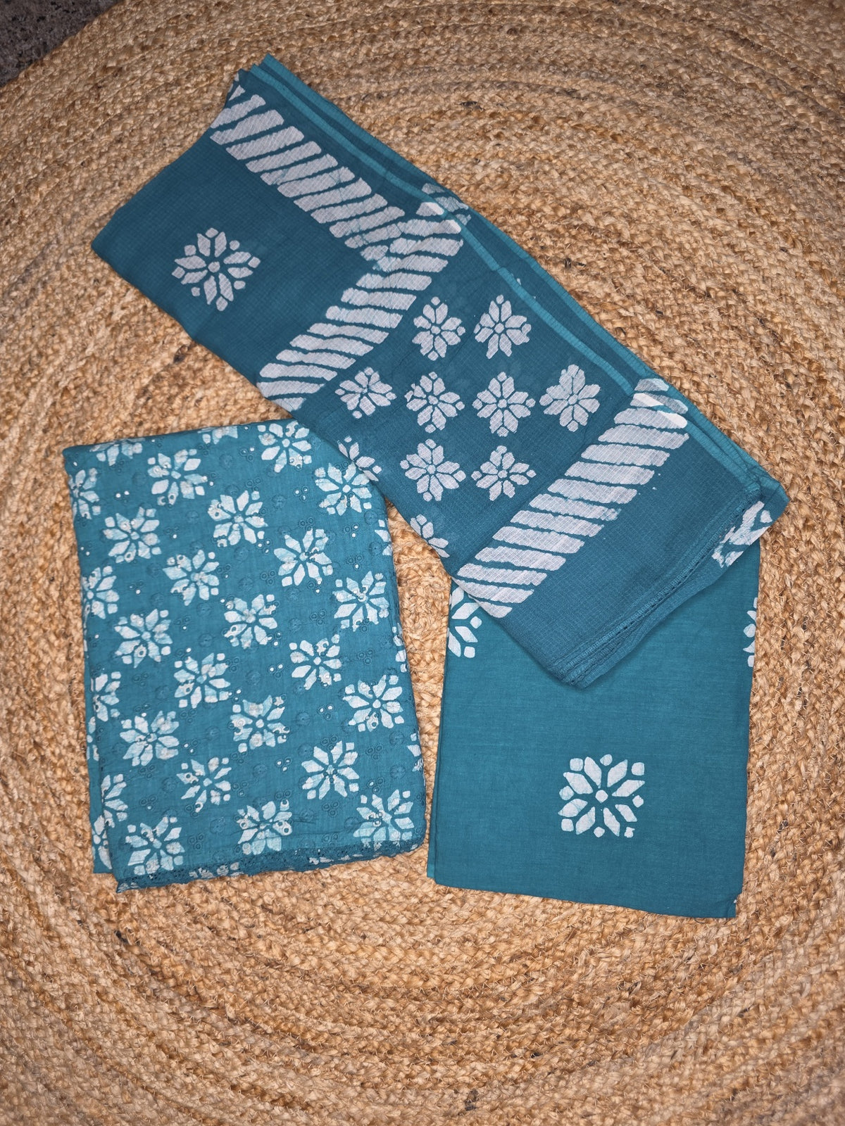 Green Hakoba Cotton Dress Material with Hand Block Print (3 Piece)