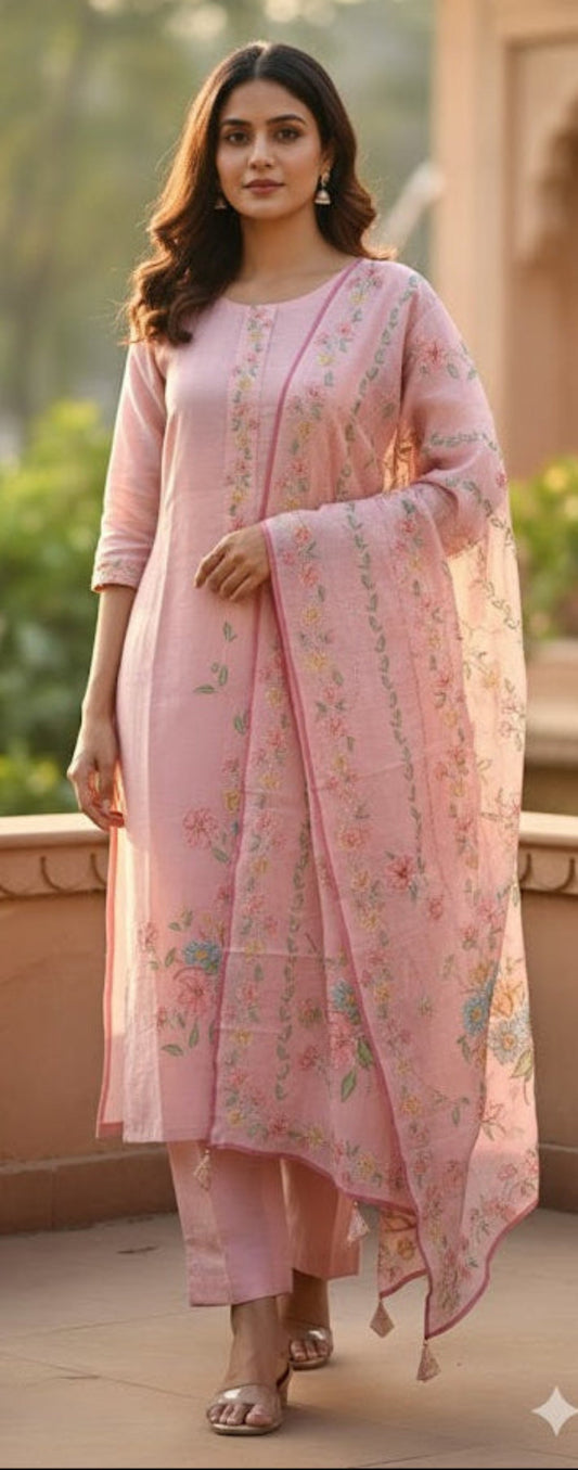 Pink Kantha Work Salwar Set (3 Piece)