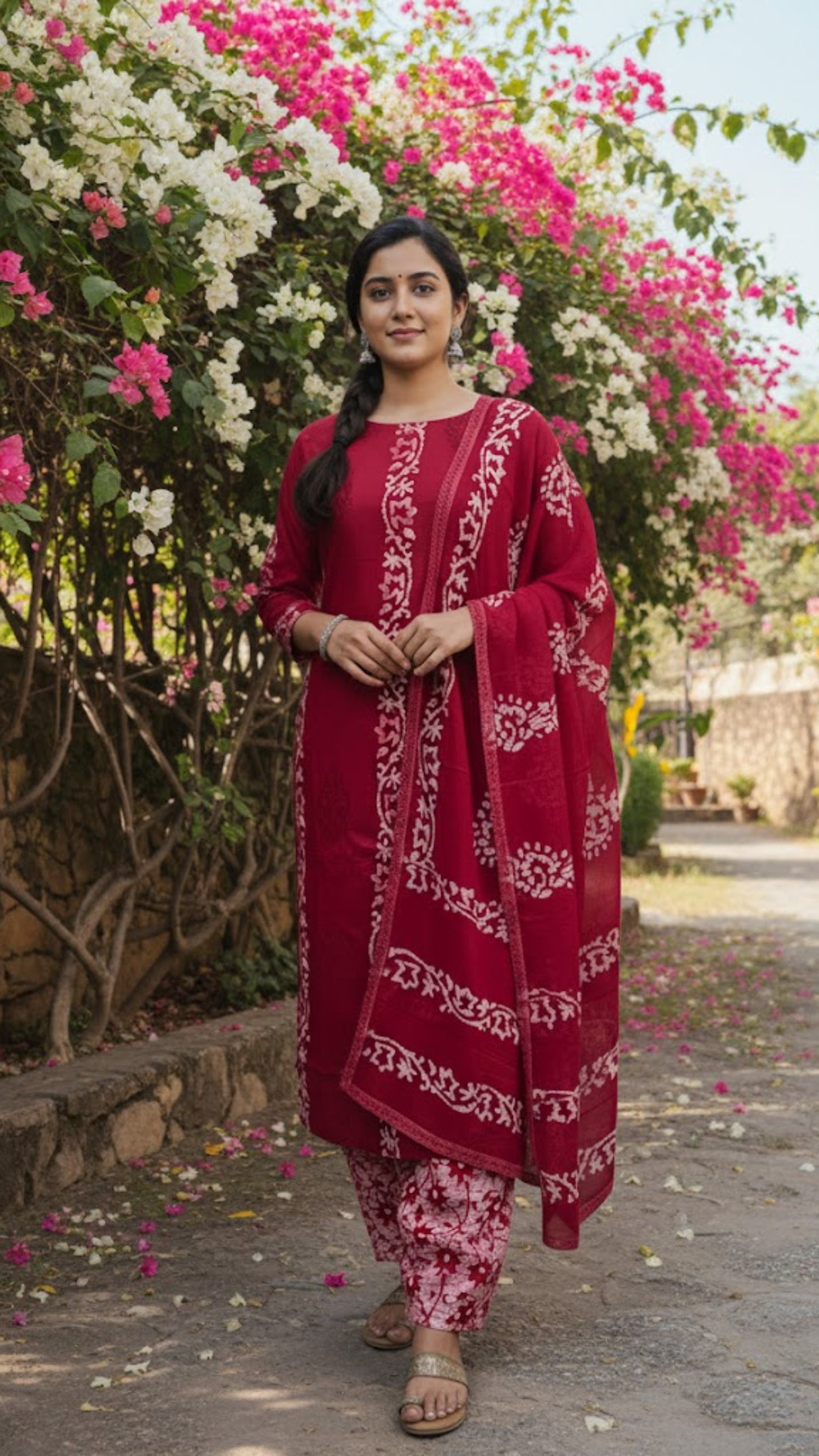 Red Cotton Batik Embroidery Salwar Set (3 Piece)