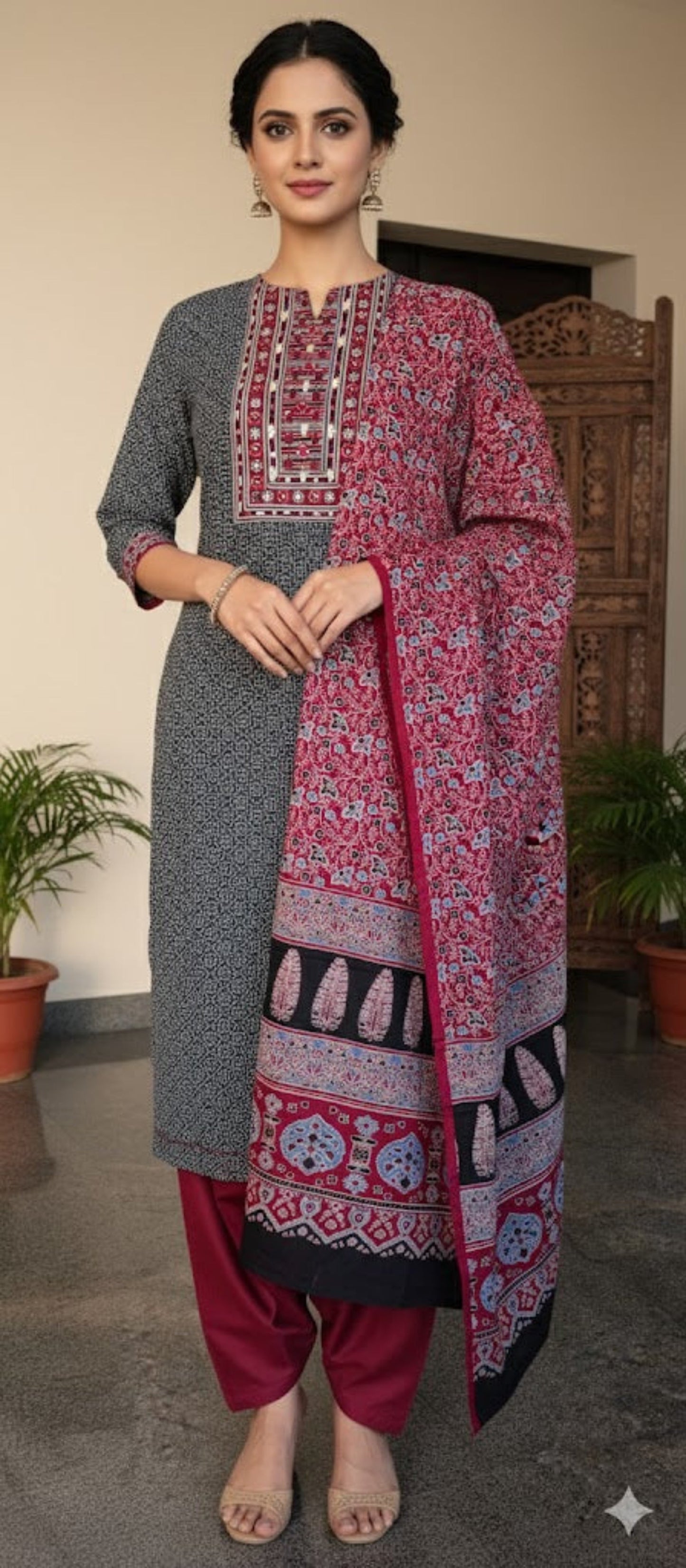 Black Cotton Weave Salwar Set (3 Piece)